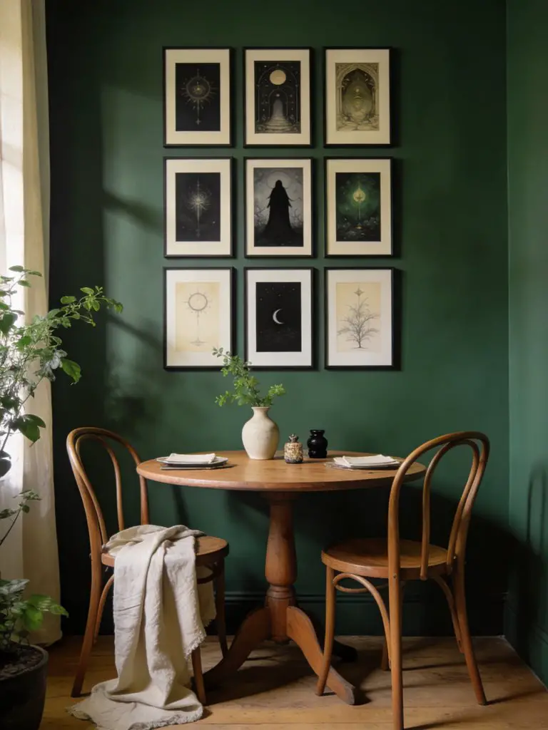 A botanical witchy dining nook with a moody green wall and curated gallery of mystical prints, centered around a small round wooden table wi.