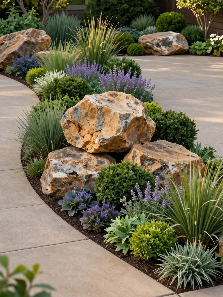 A landscaped driveway edging featuring large natural boulders integrated into a lush garden bed, styled in modern rustic with layered greene.