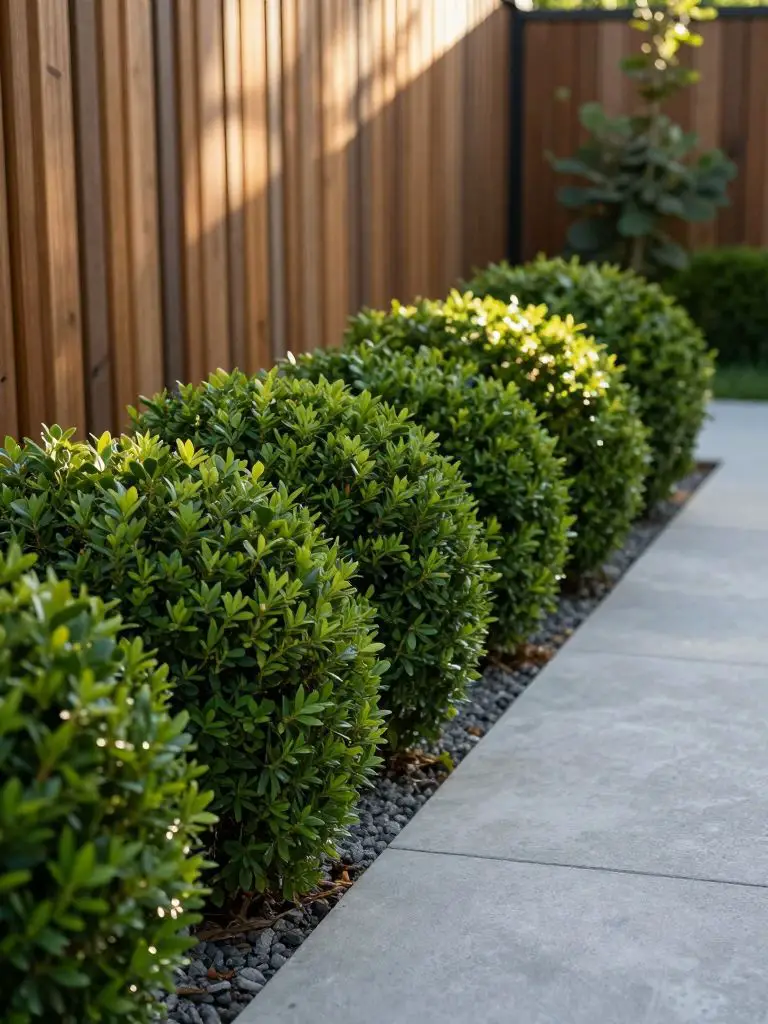 A meticulously trimmed row of boxwood shrubs forms a lush, evergreen border along the sunniest edge of a contemporary patio.