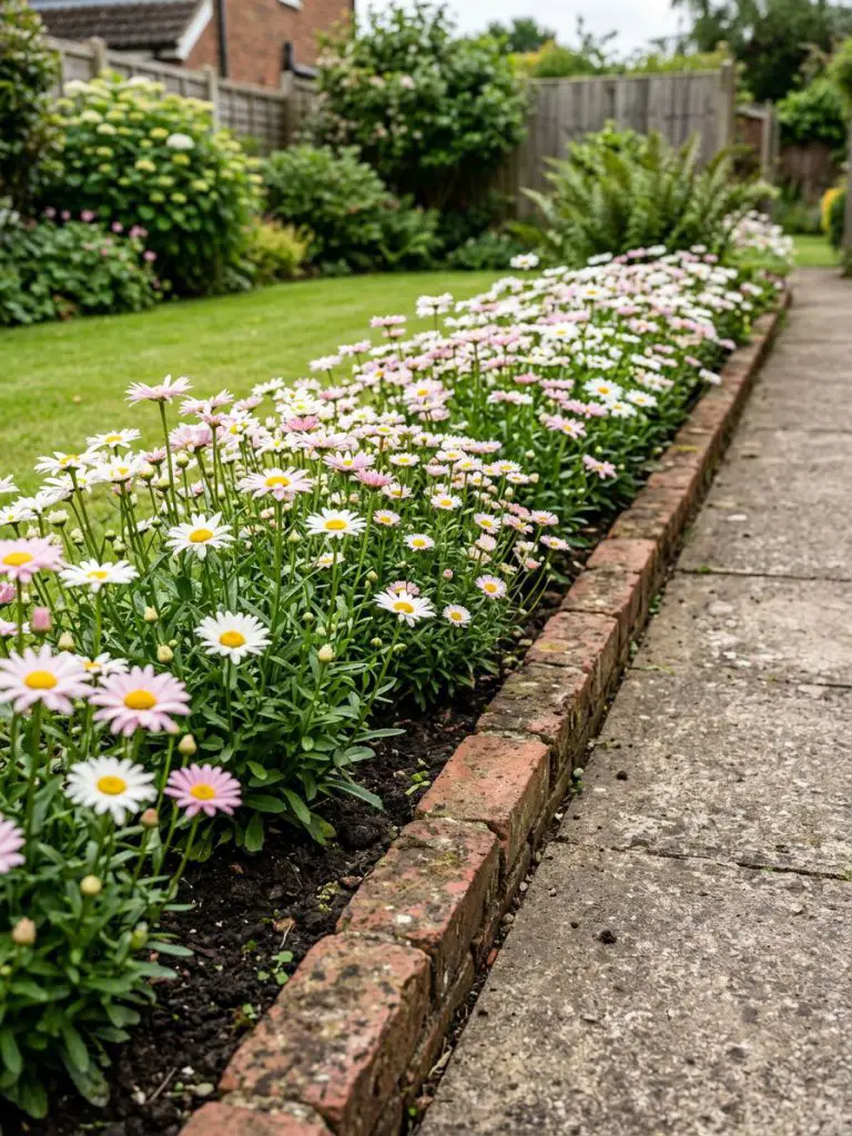 A classic narrow flower bed bordered with red brick edging, filled with cheerful daisy-like flowers in a suburban garden setting.