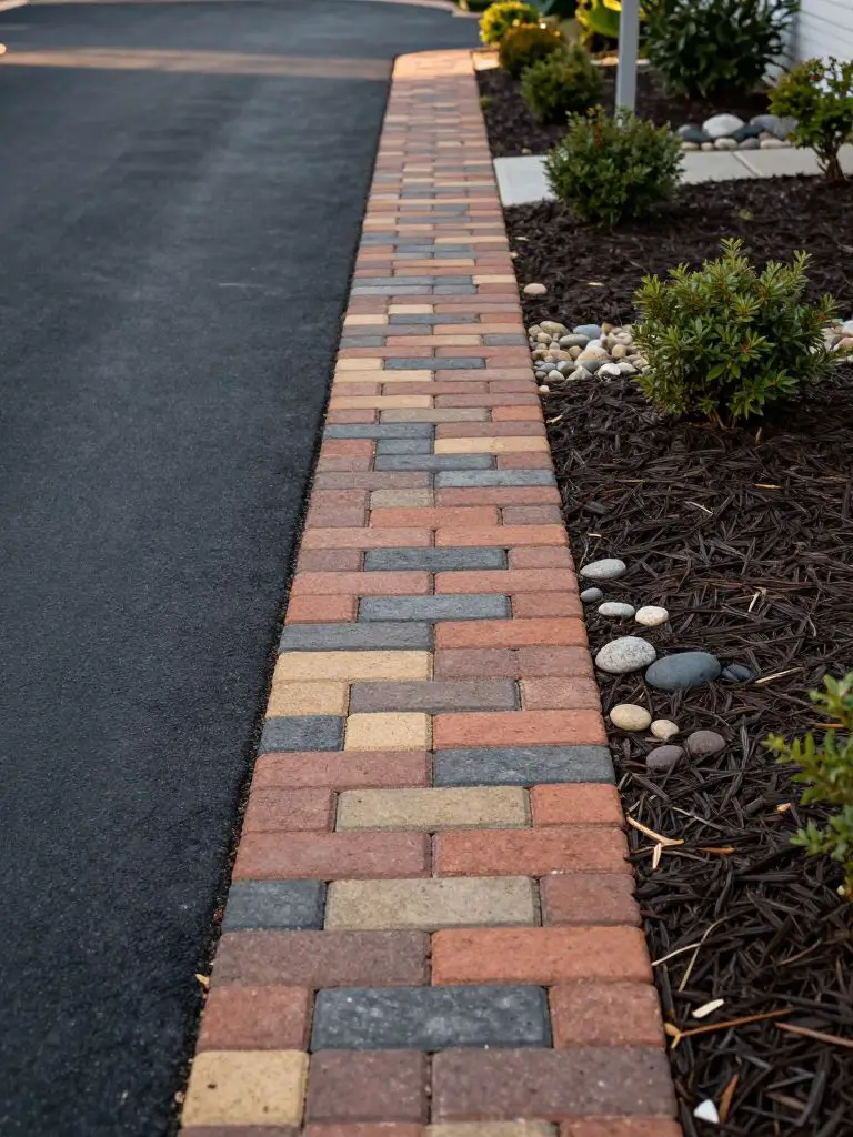 A clean and structured driveway edge featuring a neat brick border separating the asphalt driveway from a mulched planting bed.