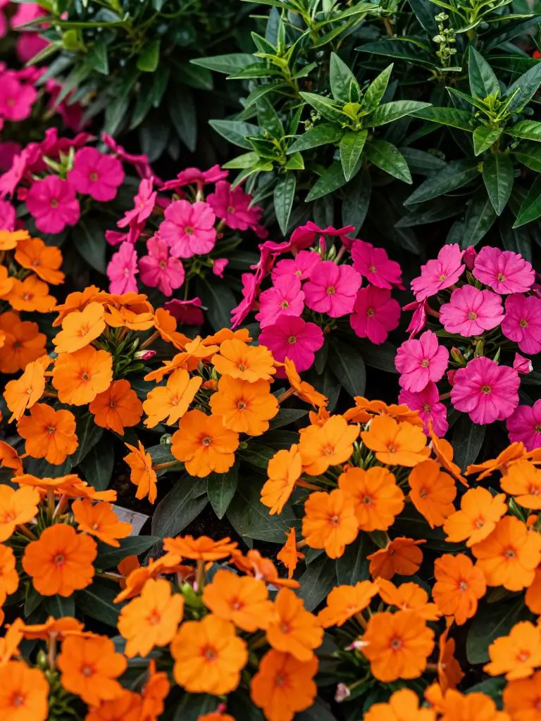 A vibrant flower bed bursting with shade-tolerant annuals.