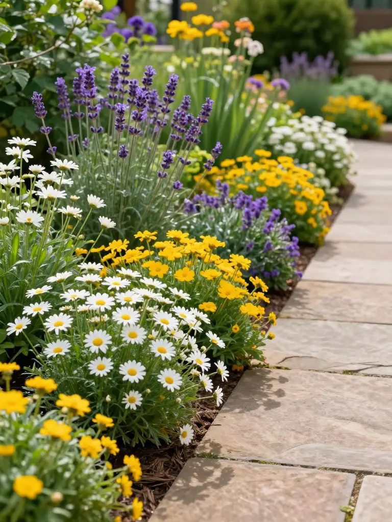 A vibrant cottage garden border along a stone pathway featuring densely planted seasonal blooms.
