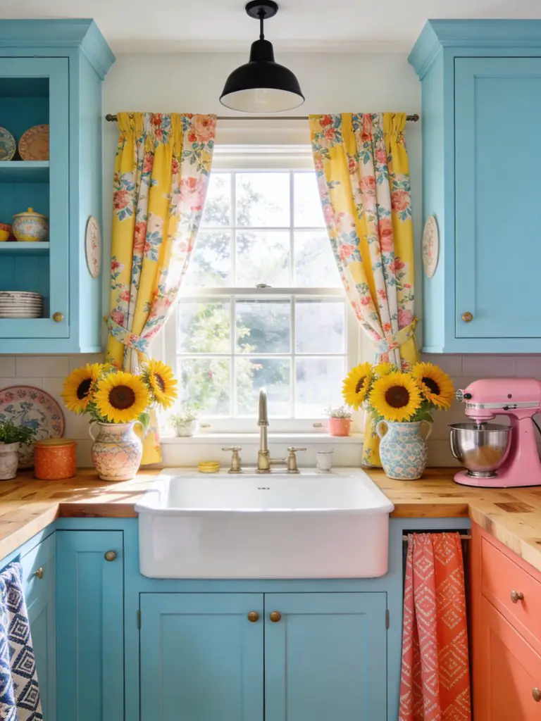 A lively colorful cottage kitchen in a cheerful eclectic cottage style, featuring soft aqua cabinetry paired with floral-patterned curtains.