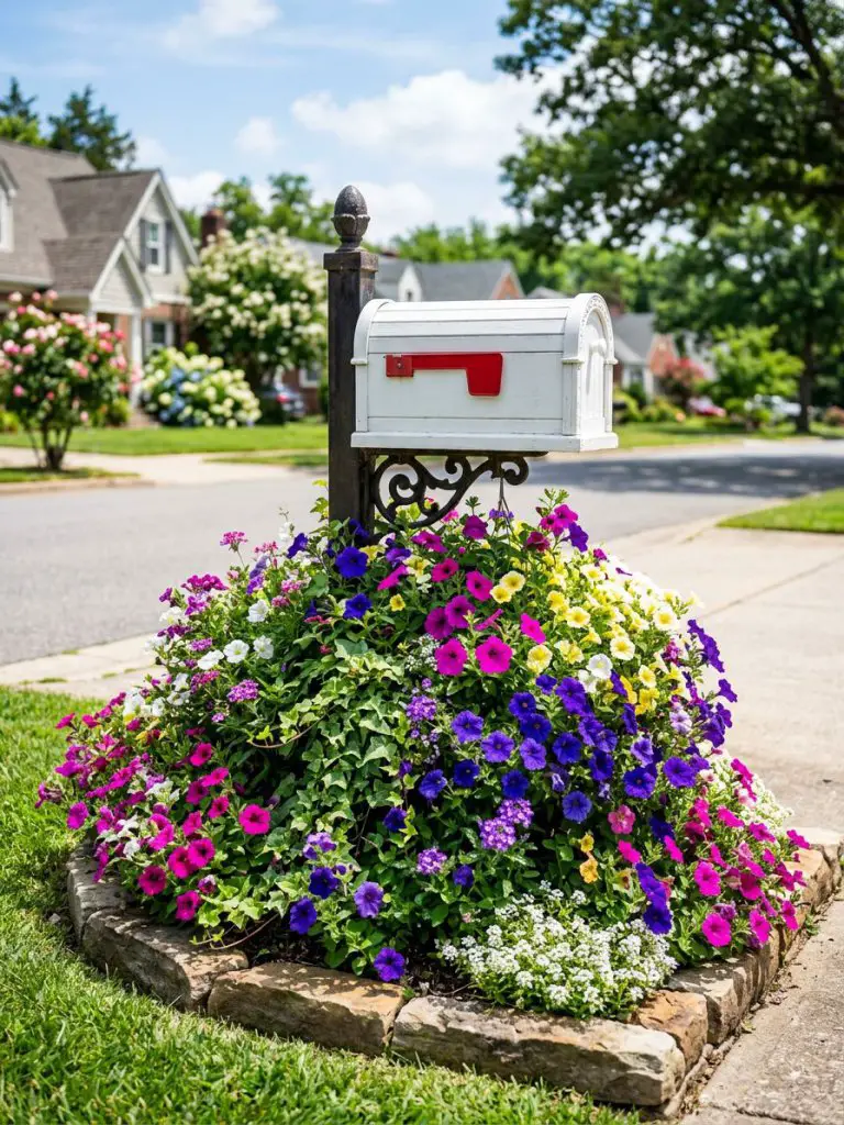 A vibrant cottage-style mailbox flower bed bursting with color and charm.