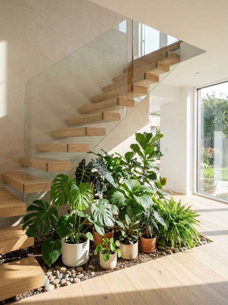 A bright Scandinavian-inspired small garden under stairs featuring light wood floating steps and a lush cluster of tropical indoor plants.