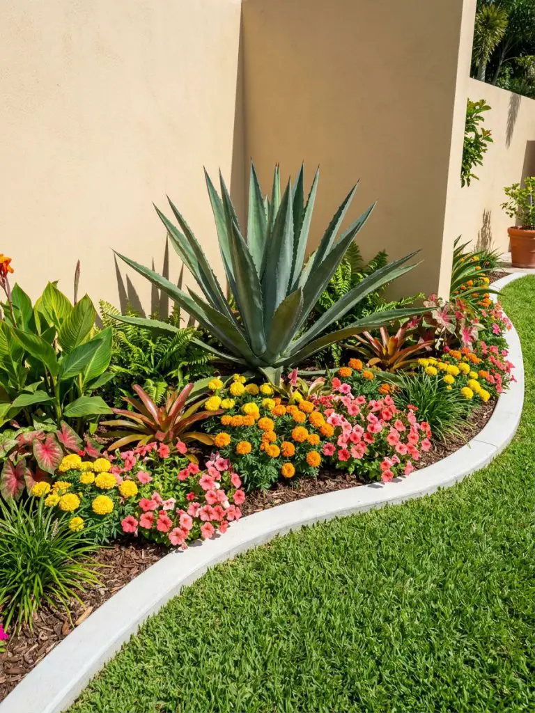 A bright tropical-inspired corner flower bed designed with bold planting and clean structure.