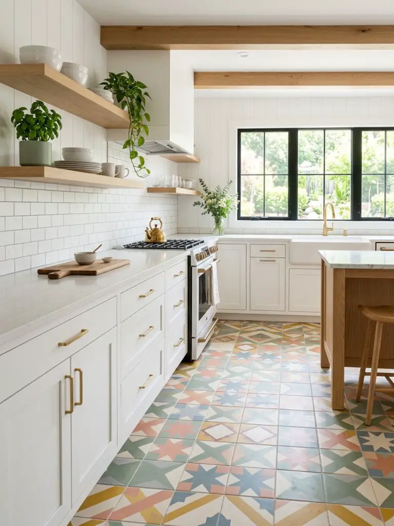A bright white farmhouse kitchen with playful geometric tile flooring in a mix of muted pastels and bold accents.