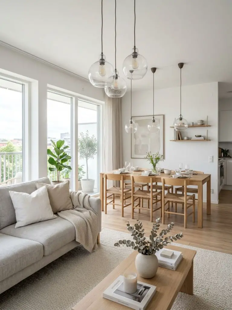 A bright white minimalist living room with dining area in a Scandinavian-inspired style, featuring light oak floors, soft fabric seating, an.