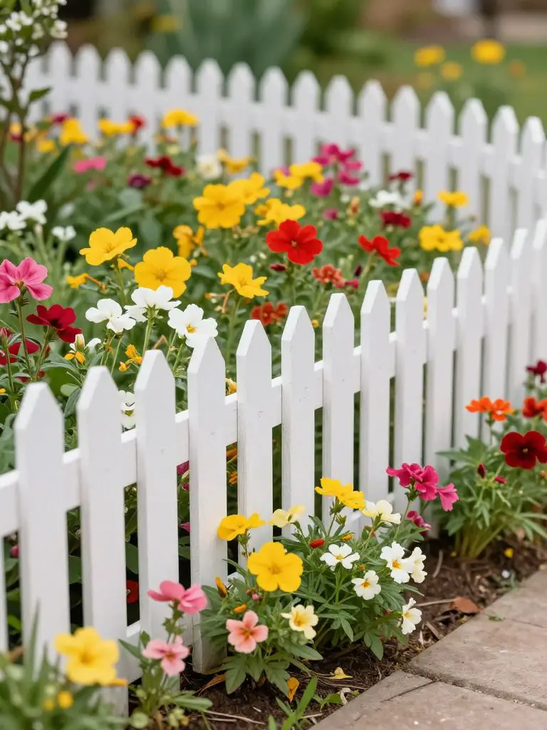 A romantic garden wedding-style fence line featuring a charming white picket fence surrounded by bright wildflowers.