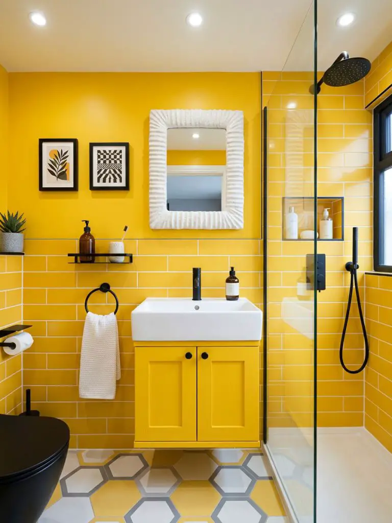 A vibrant tiny bathroom designed in a bold contemporary style, dominated by bright yellow tiled walls and cabinetry.