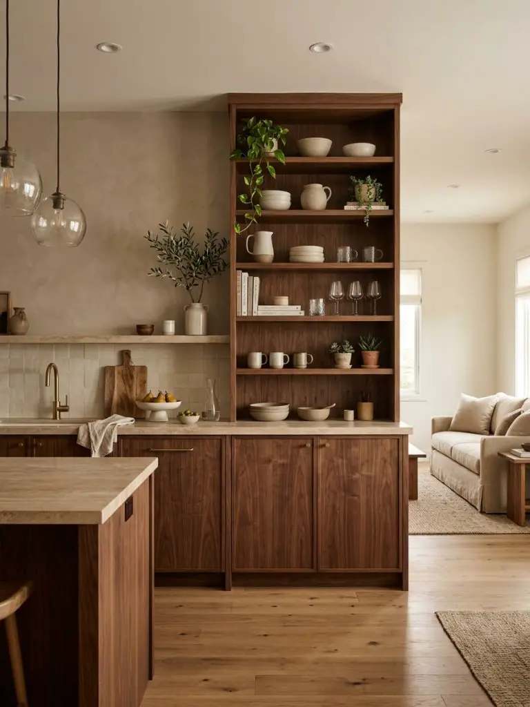 A warm open concept kitchen featuring built-in wooden shelving that adds both function and visual depth to the space.