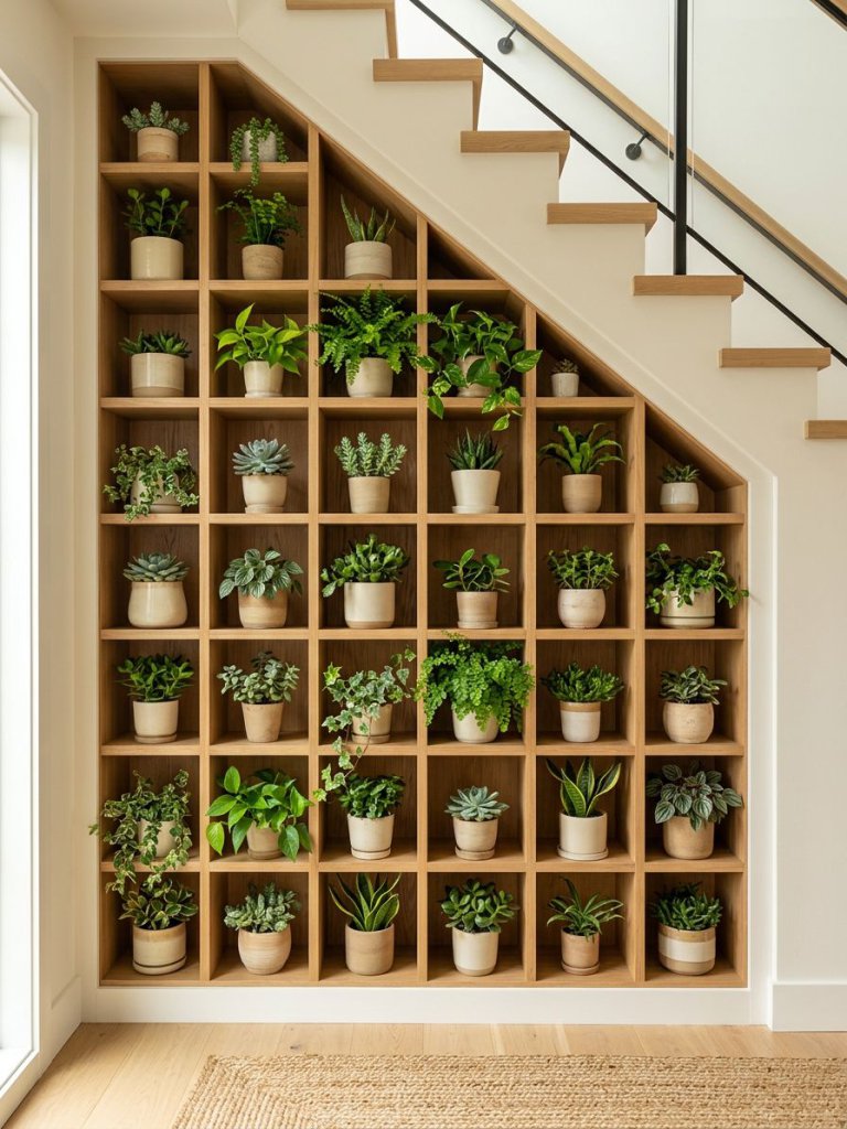 A built-in vertical plant display under stairs designed with custom shelving integrated into the staircase structure.