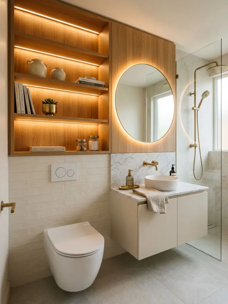 A modern minimalist small bathroom featuring built-in shelving with warm LED backlighting and sleek cabinetry.