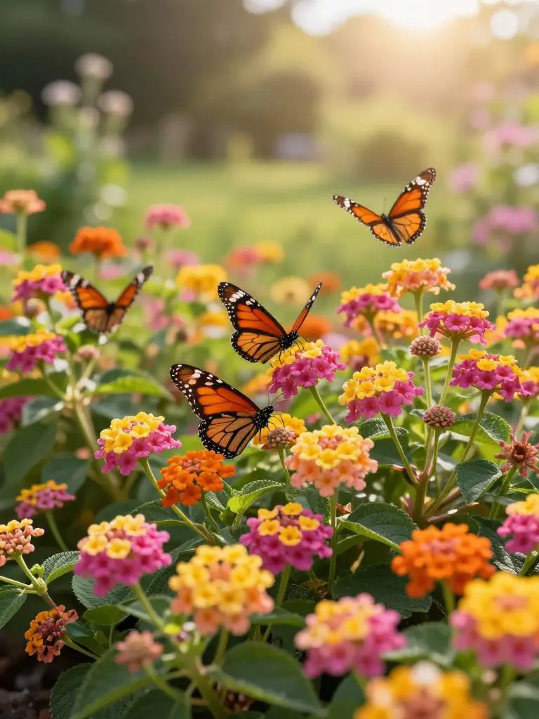 A close-up of a sun-drenched flower bed filled with multi-colored Lantana "Confetti.