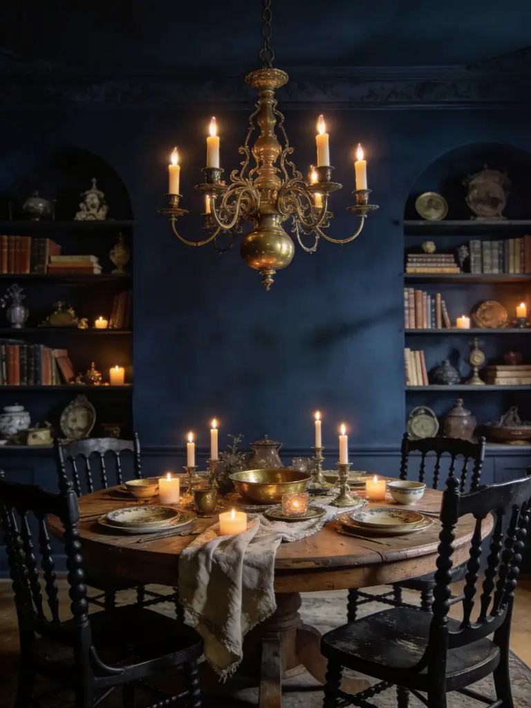 A gothic-inspired witchy dining room with a dark maximalist aesthetic, featuring a round wooden dining table surrounded by black spindle-bac.