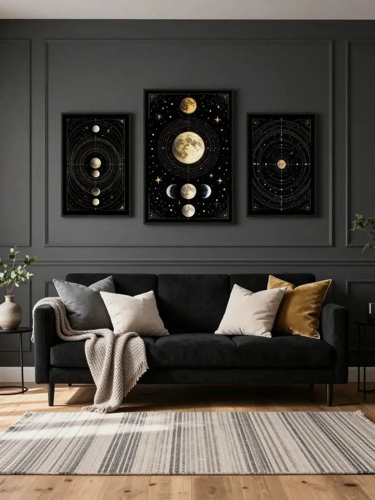 A modern witchy living room with a charcoal gray paneled wall featuring a symmetrical gallery of celestial-themed artwork including moon pha.
