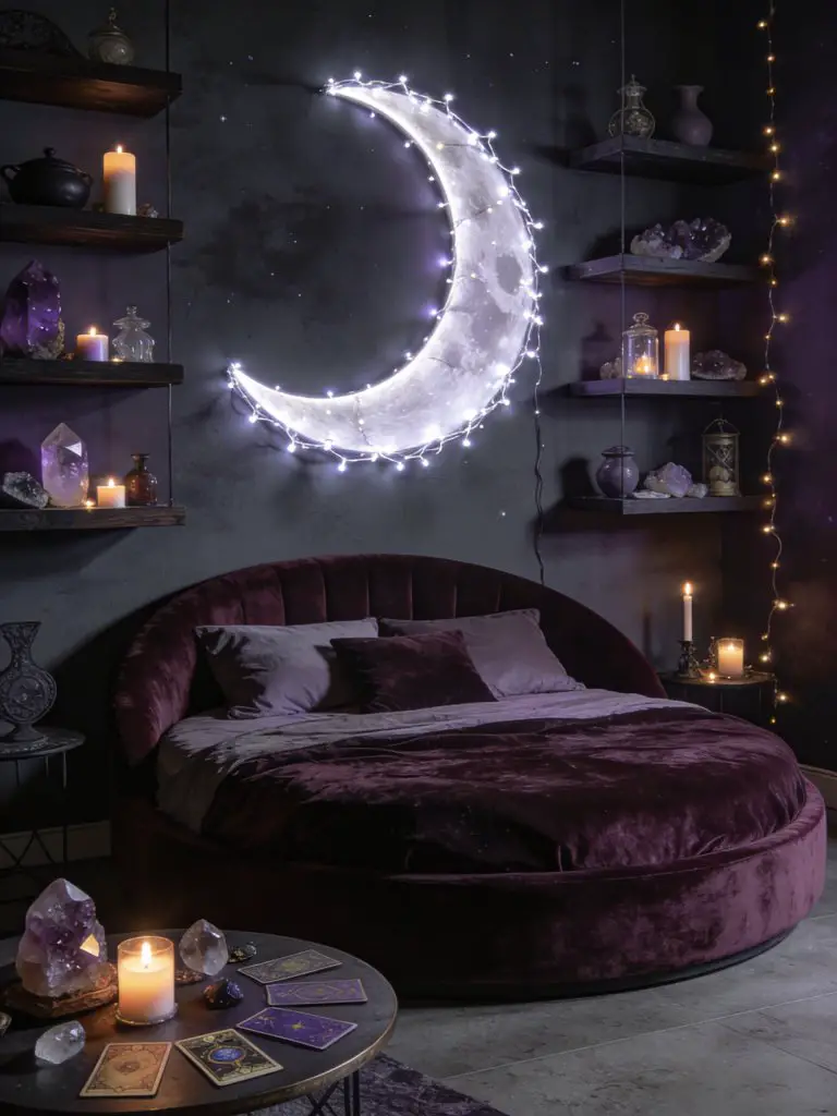 A celestial-inspired purple witchy bedroom designed in a dark mystical aesthetic, featuring a round upholstered bed in deep plum velvet as t.