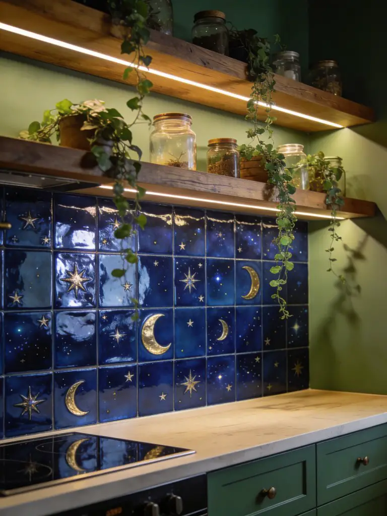 A celestial-themed witch kitchen backsplash featuring dark blue tiles with star and moon embossing.