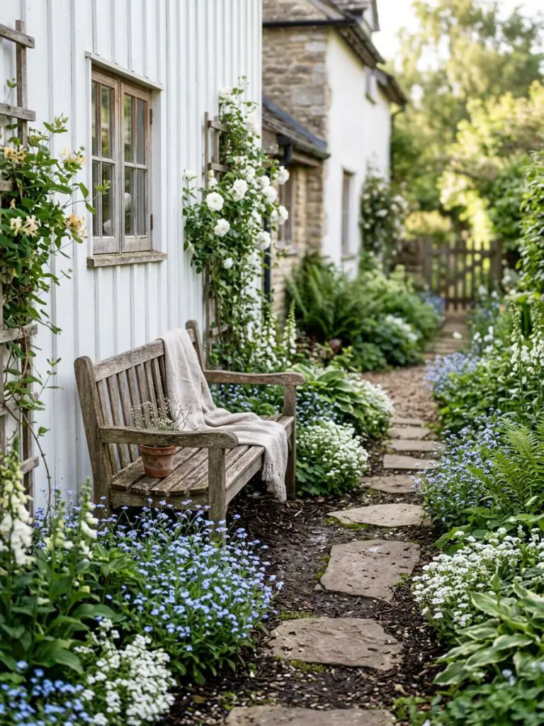 A narrow cottage side yard garden designed in a modern rustic cottage style, featuring vertical white board siding paired with a simple weat.