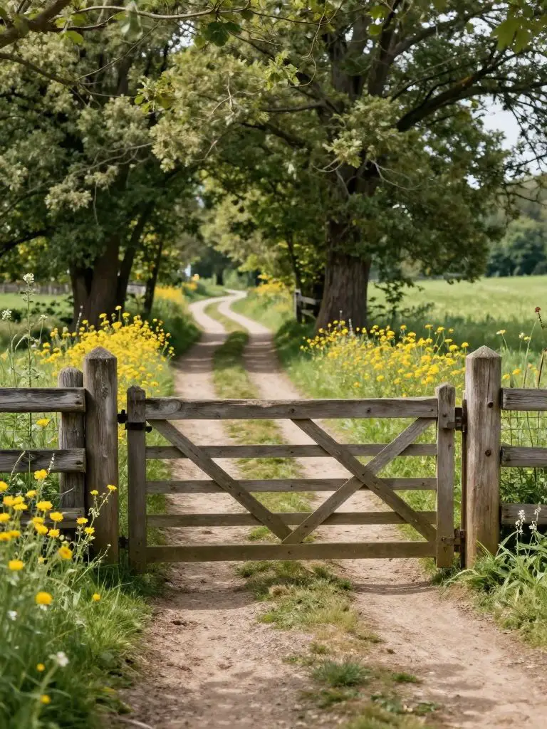 A peaceful farmhouse driveway entrance featuring a split wooden gate opening onto a dirt path lined with wildflowers and rustic fencing.