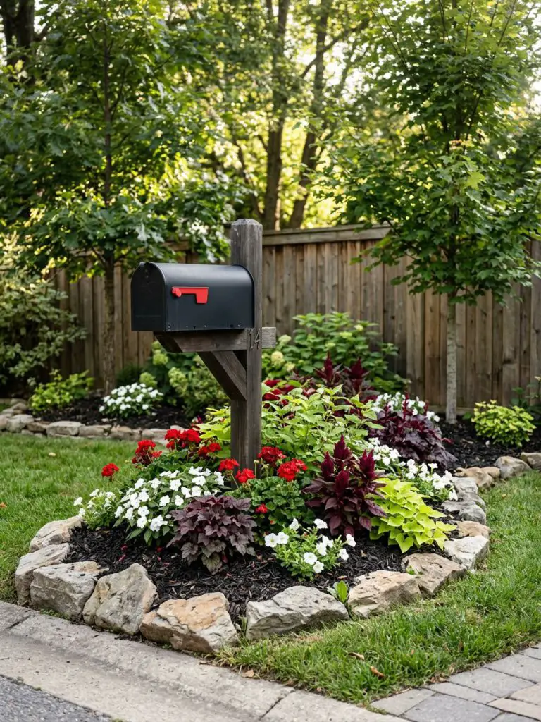 A cozy suburban mailbox flower bed styled in modern rustic garden design, featuring a compact planting area framed with irregular natural st.