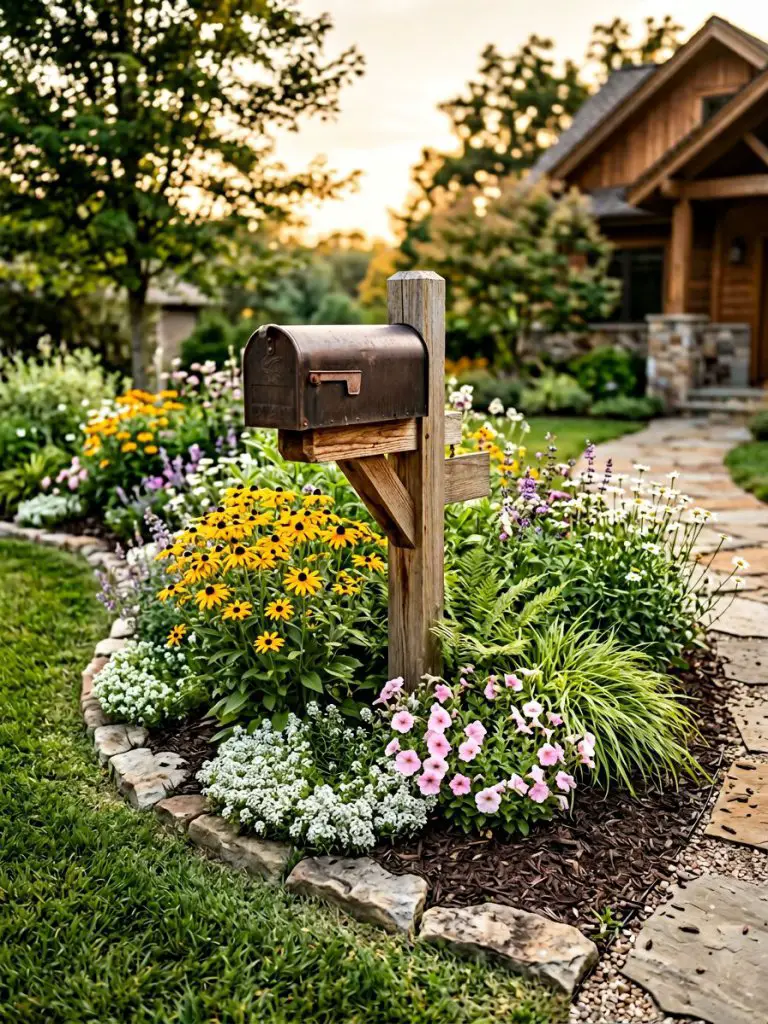 A charming mailbox flower bed in a warm minimalist and modern rustic style surrounded by wildflower-inspired planting.