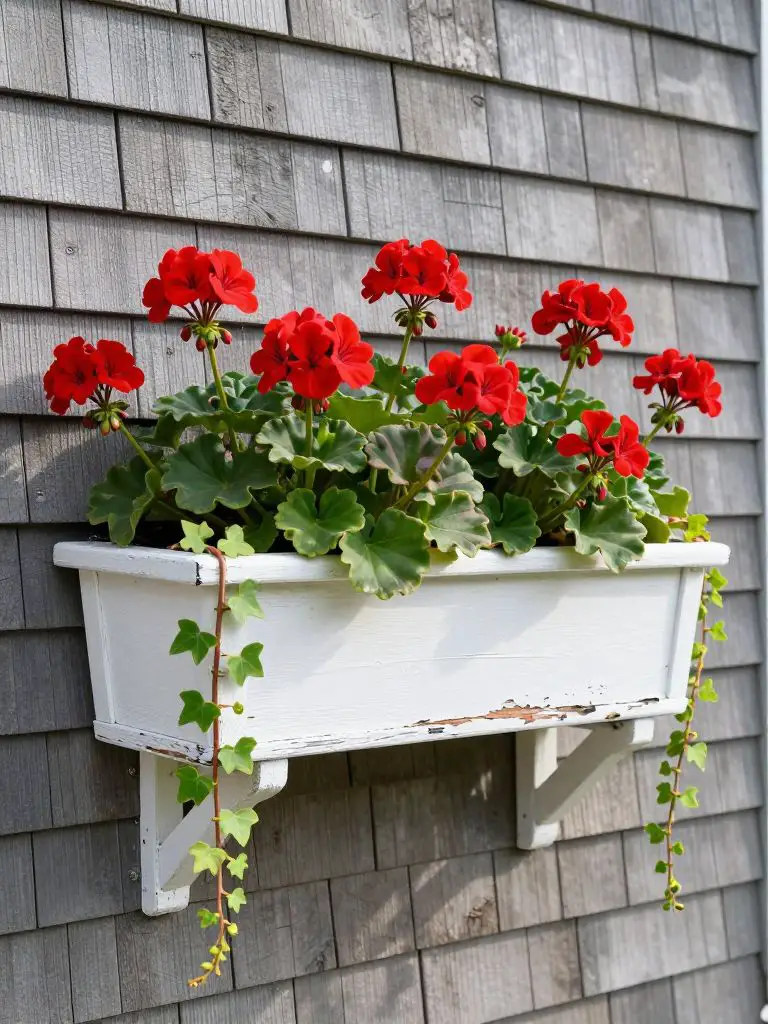 A classic white wooden window box attached to a shingle-sided house, overflowing with red geraniums and trailing ivy.