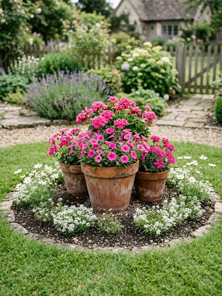 A charming island flower bed featuring terracotta pots as the centerpiece, styled in a Warm Minimalist garden setting with rustic accents.