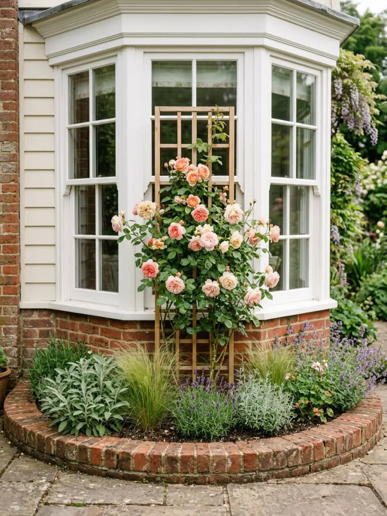 A small flower bed built into a curved brick border beneath a classic white bay window, designed in a cottage-inspired modern rustic style.