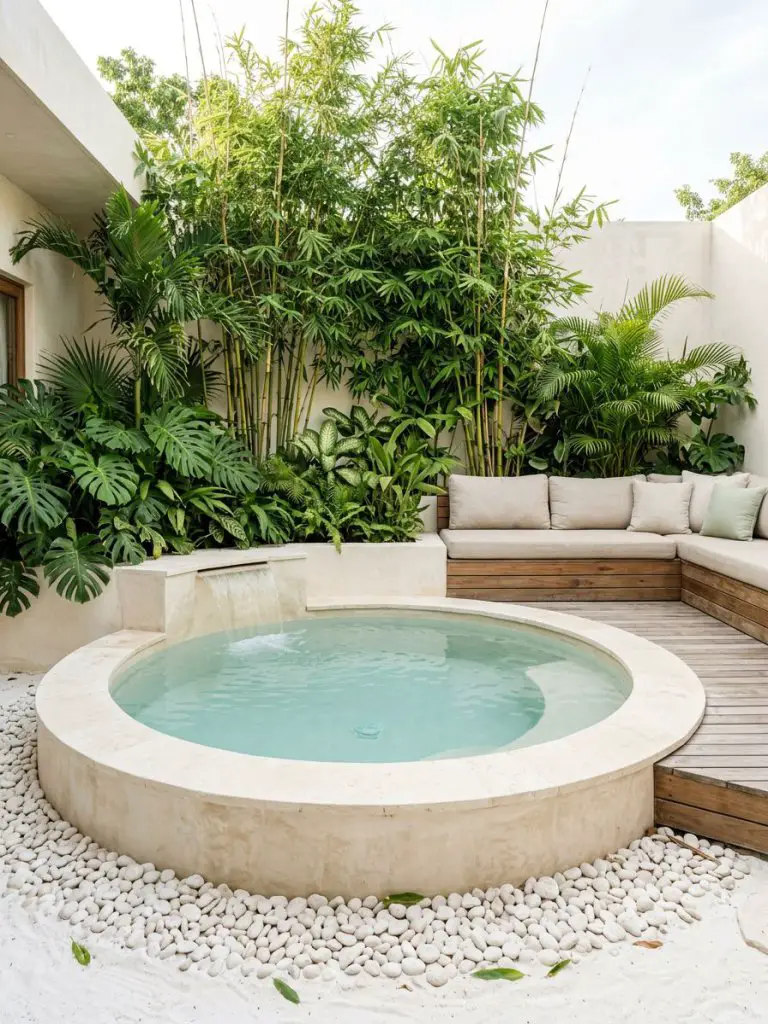 A circular spa pool in a tropical minimalist courtyard, featuring a smooth round plunge pool with creamy stone finish and subtle water spill.