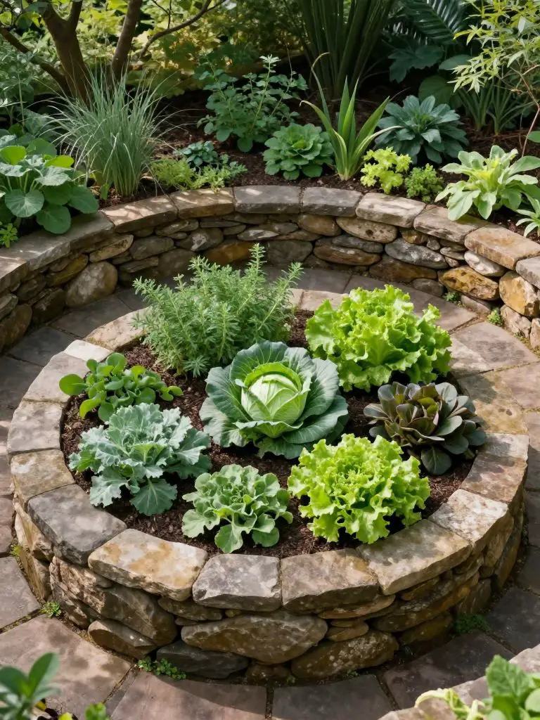 A circular raised stone garden bed in a rustic natural style, filled with vegetables and herbs arranged in a layered composition.