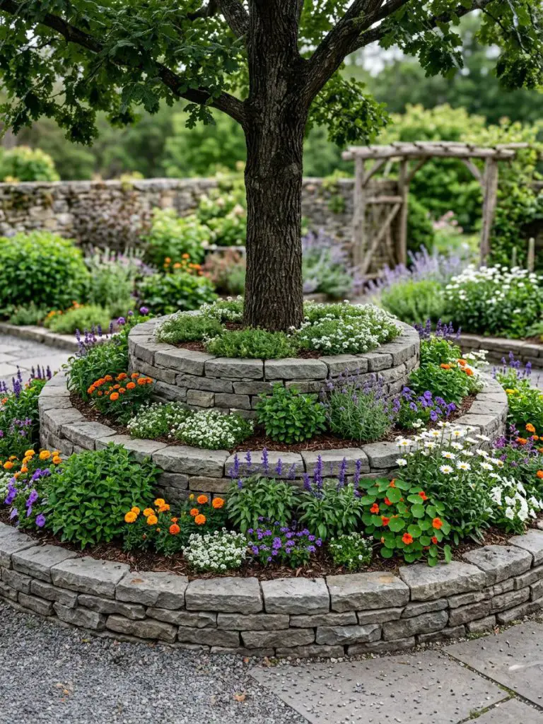 A layered circular tree bed built with stacked stones forming terraces filled with vibrant flowers in a modern rustic style.