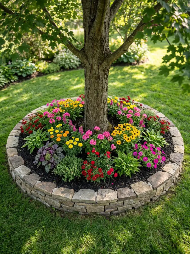 A circular tree base flower bed designed in a modern rustic style, featuring a raised stone border enclosing a symmetrical planting arrangem.