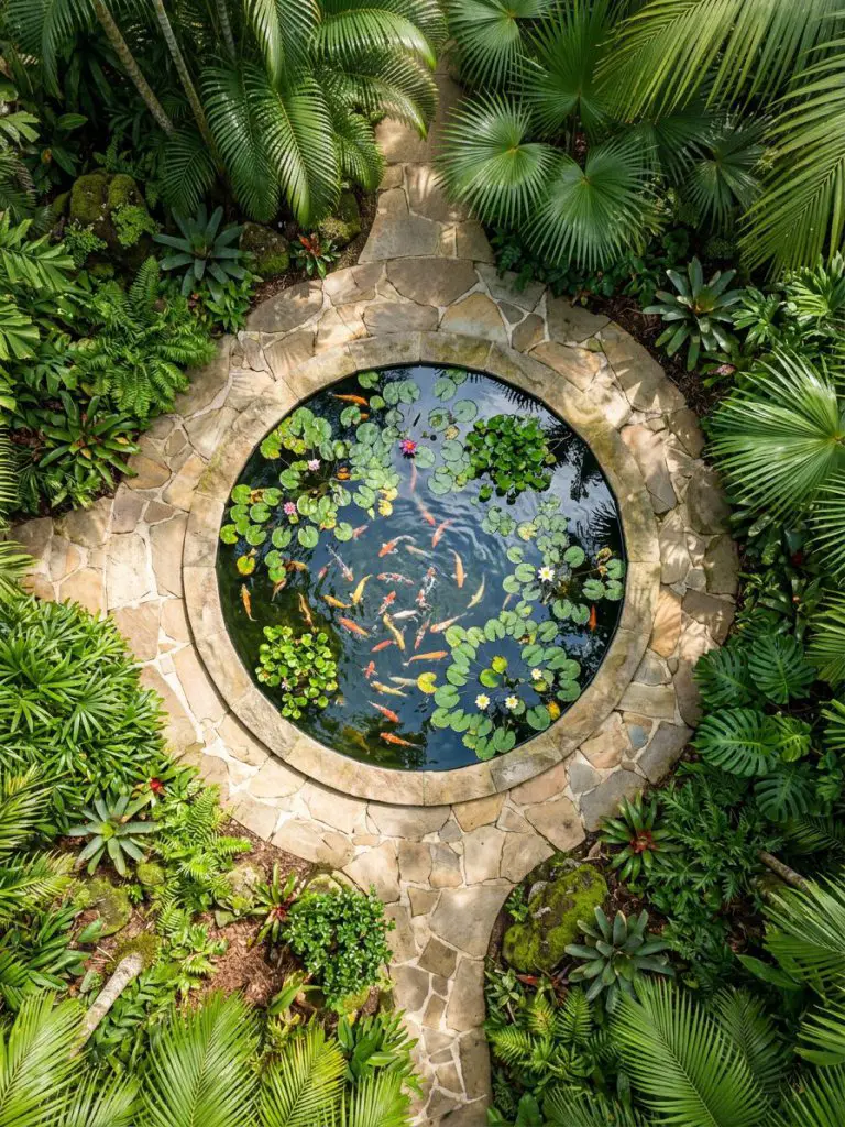 A circular tropical fish pond garden surrounded by dense palm foliage and lush greenery.