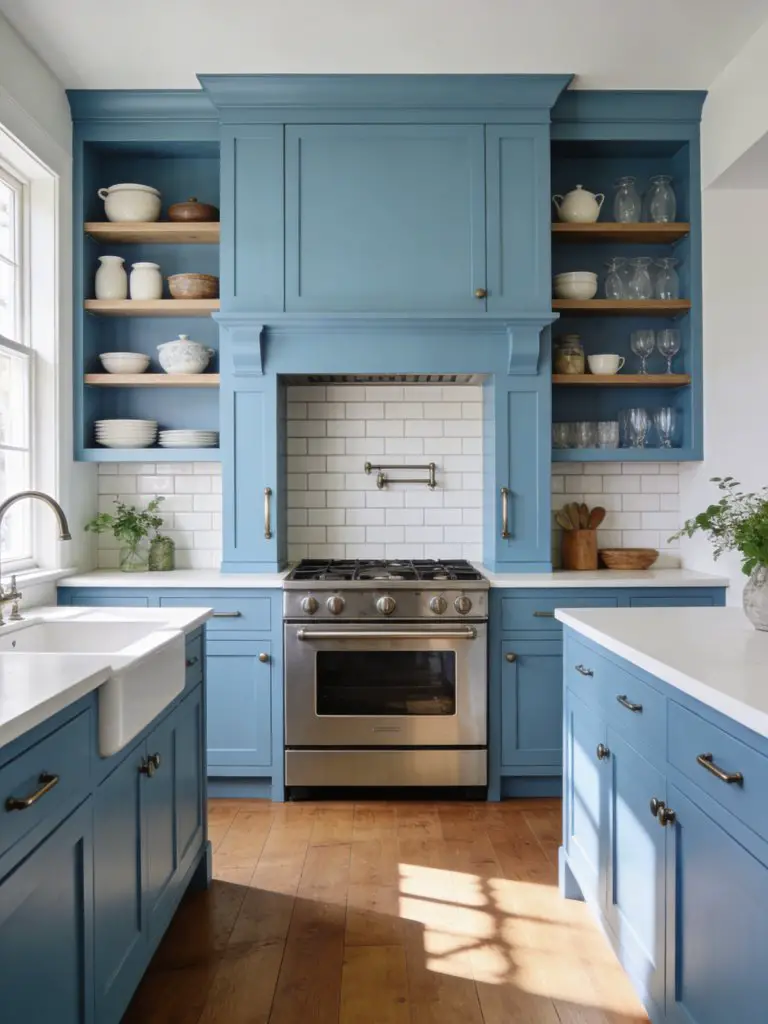 A classic colorful cottage kitchen with a timeless blue palette and warm wood flooring.