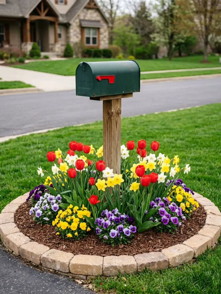 A charming suburban mailbox flower bed designed in a cottage-meets-classic style.