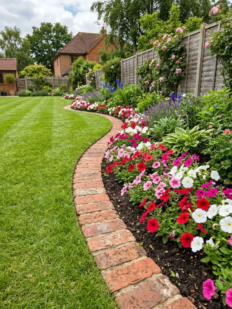A classic suburban garden scene featuring a curved red brick edging that neatly separates a lush green lawn from a vibrant flower bed, style.