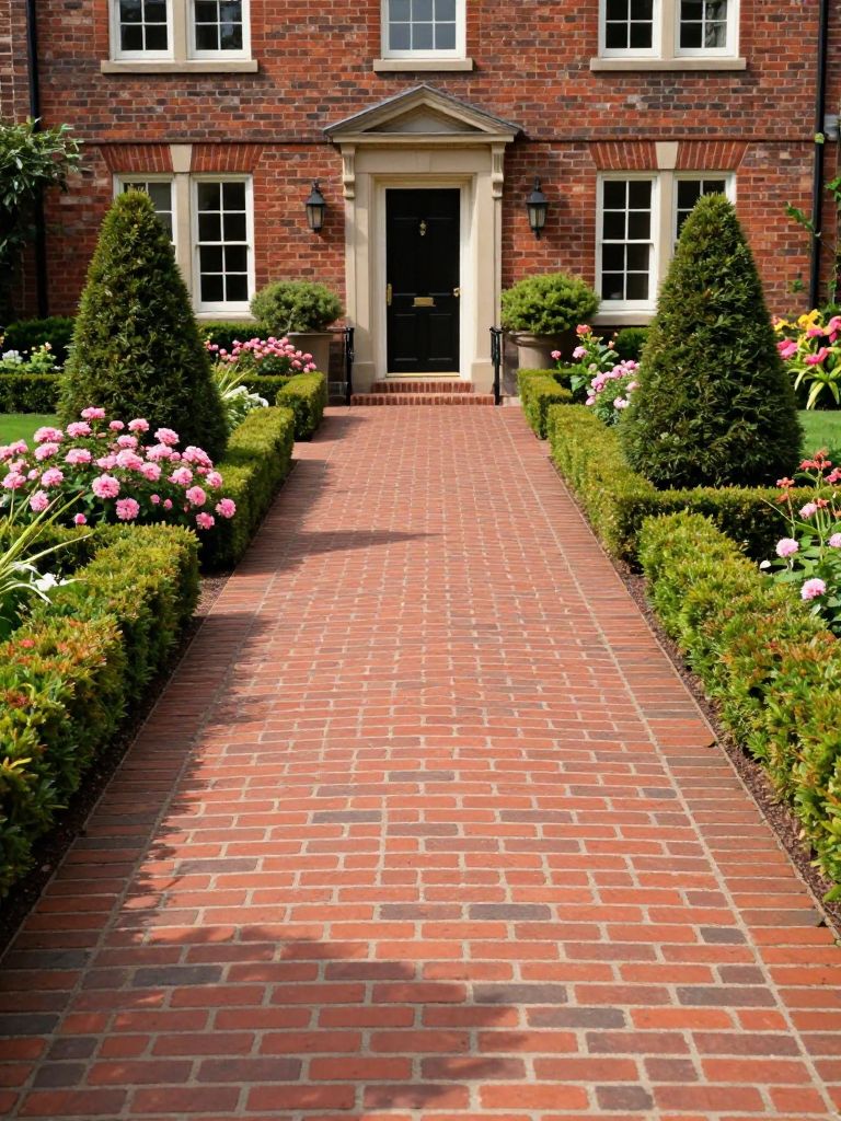 A classic brick driveway in a traditional landscaping style, featuring symmetrical garden beds and manicured topiary shrubs.