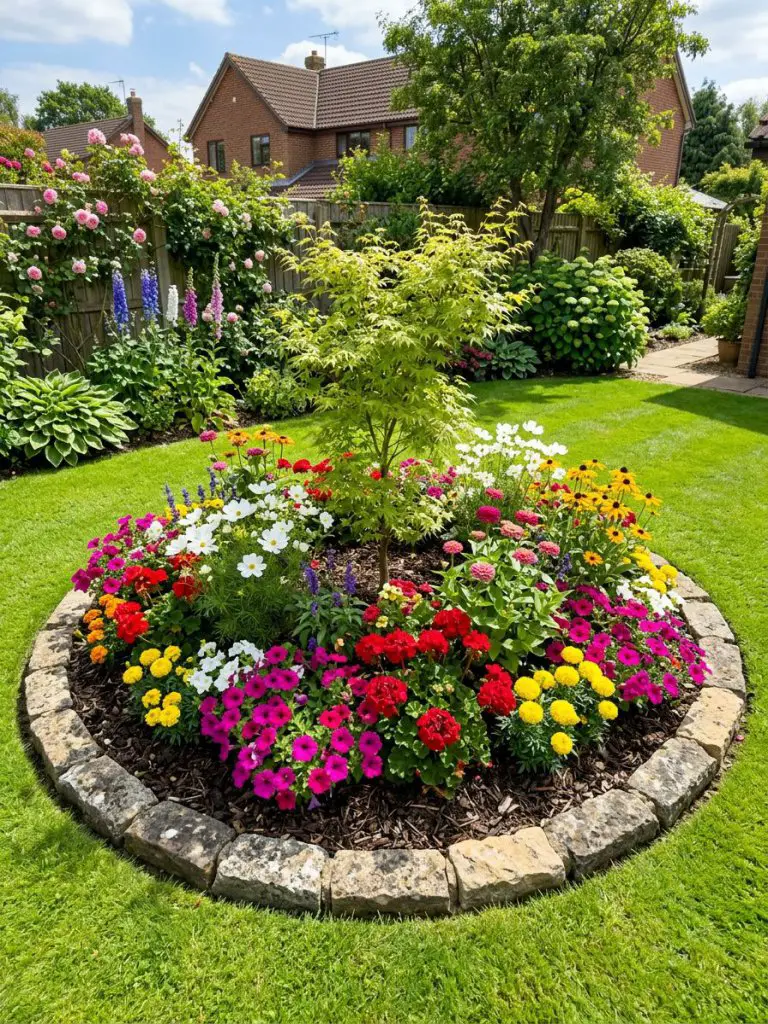 A classic suburban garden scene featuring a circular flower bed bordered with chunky natural stone pavers, designed in a warm minimalist mee.