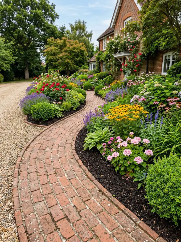 A classic driveway flower bed paired with a brick pathway and layered colorful blooms.