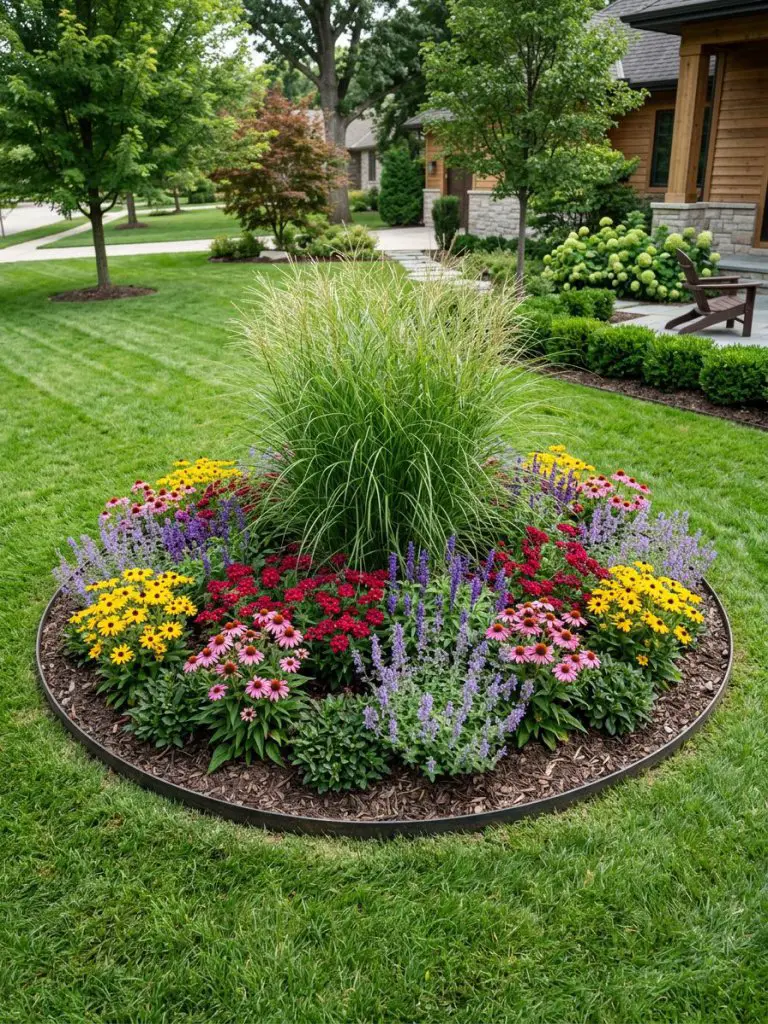 A circular island flower bed set in a manicured suburban lawn, designed in a Warm Minimalist garden style with subtle Modern Rustic influenc.
