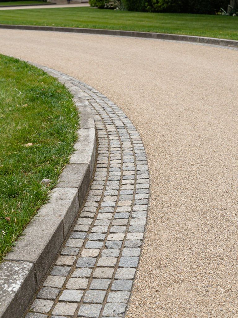 A timeless driveway edging featuring classic cobblestone borders alongside a gravel surface, styled in traditional European-inspired landsca.