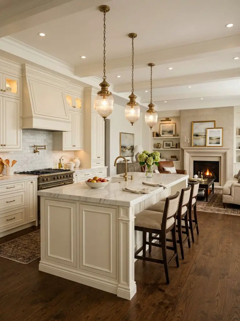 A classic elegant open concept kitchen with refined details and layered lighting, combining timeless design with modern openness.