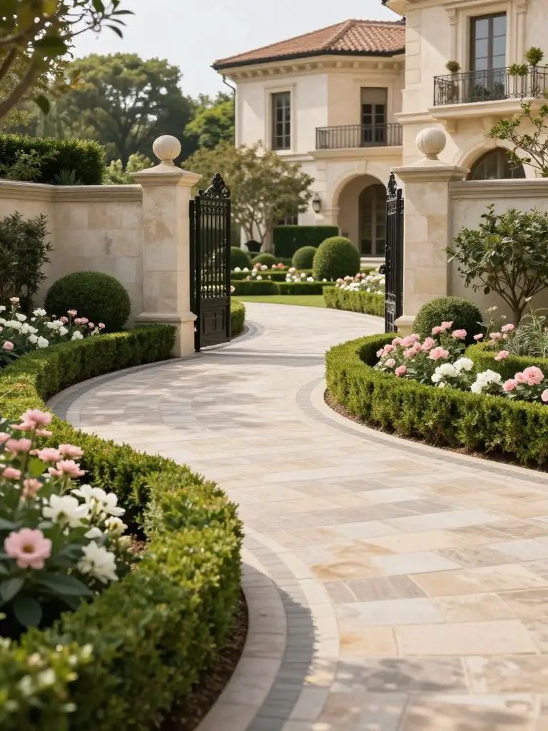 A classic European-inspired circular driveway with refined landscaping in a formal garden design.