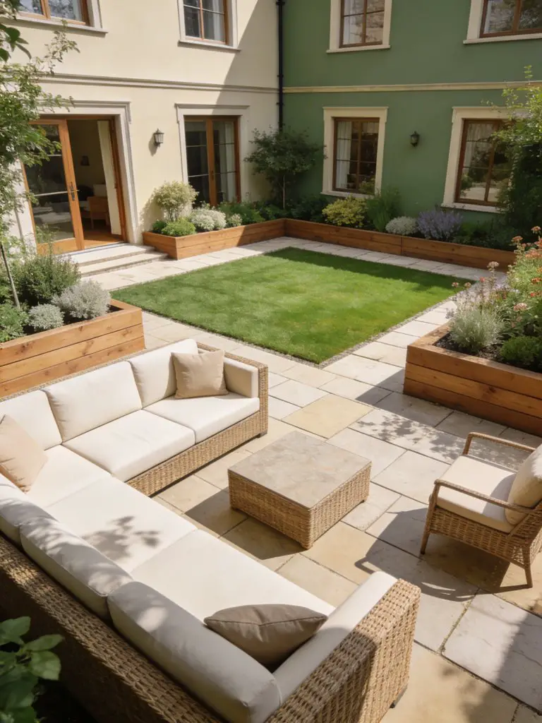 A classic small square family garden with clearly defined zones for lounging and greenery, designed in a modern traditional style.