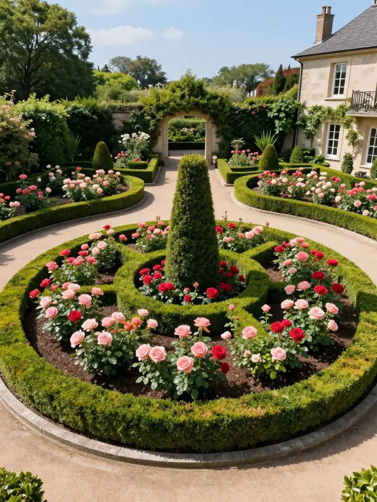 A classic formal circular driveway garden designed in a traditional European style, featuring meticulously clipped boxwood hedges forming ge.