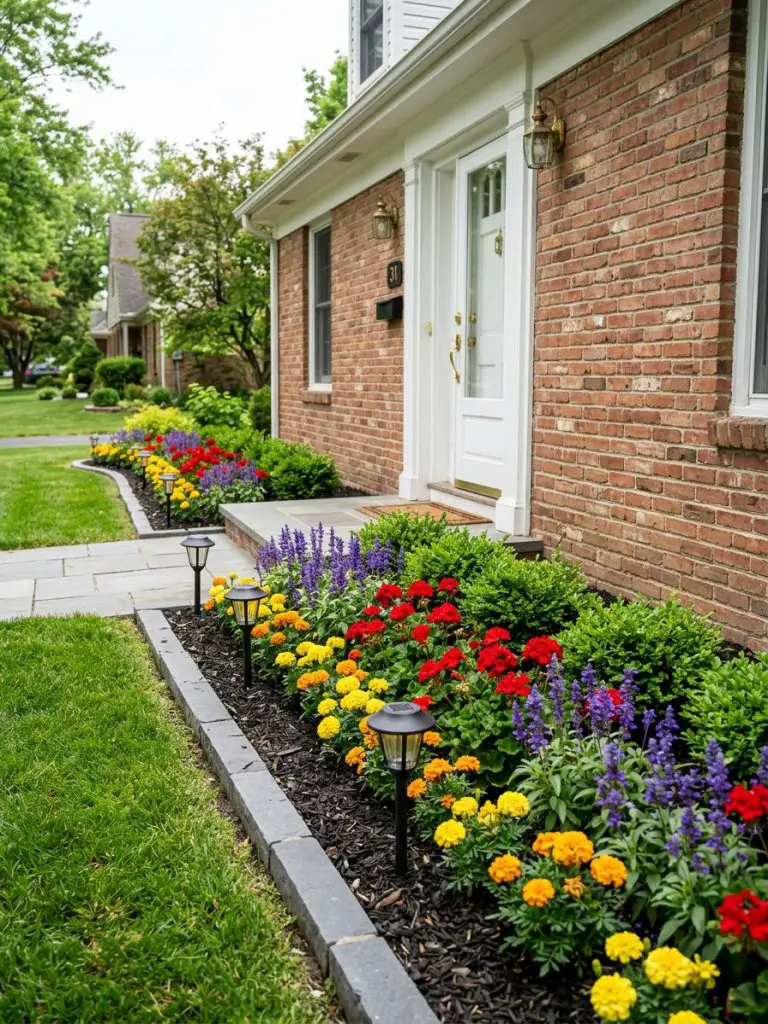 A classic foundation flower bed in a warm minimalist and modern rustic style running along a brick house facade.