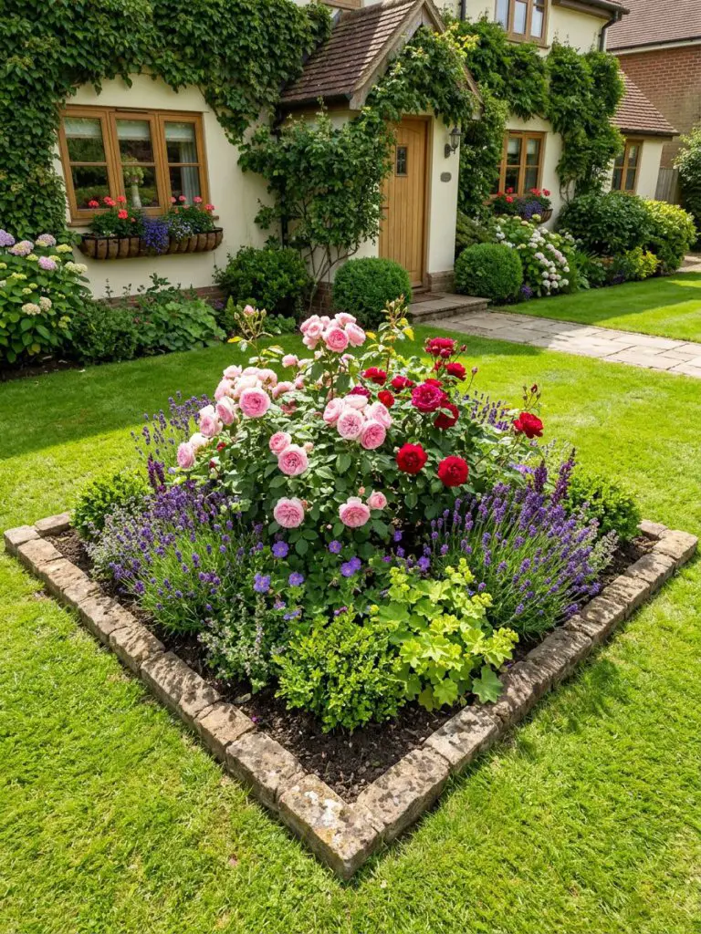 A compact square flower bed in a front yard bordered with stone bricks, designed in classic suburban cottage style.