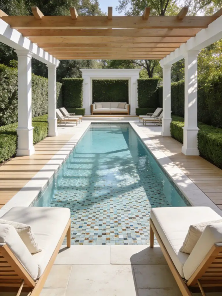 A refined garden luxury pool backyard with a rectangular pool and elegant pergola lounge, designed in Classic Transitional with Warm Minimal.